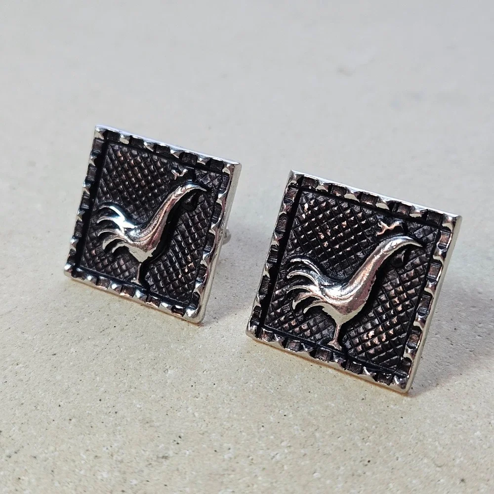 Vtg 60s 70s Large‎ Silver Tone Rooster Square Cufflinks Textured Modernist